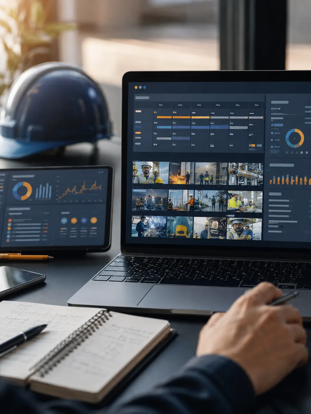 Laptop and tablet displaying safety content and performance analytics dashboards on a desk beside a hard hat and notebook