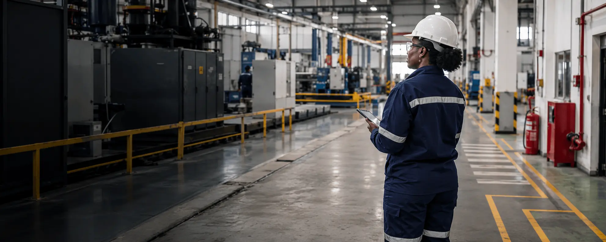 Safety inspector in a hard hat and hi-vis coveralls reviewing a tablet while walking an industrial facility floor
