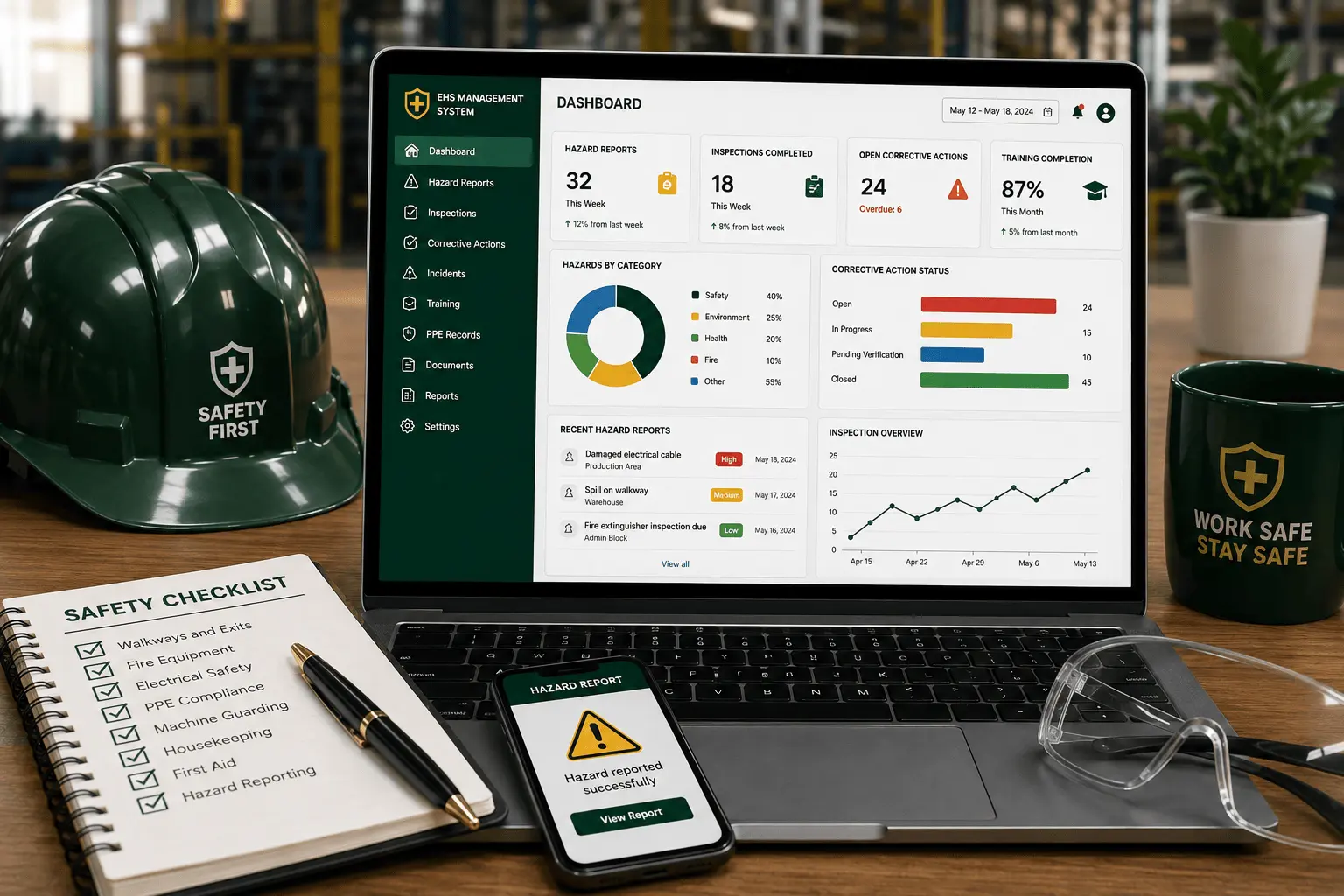 Digital workplace safety dashboard showing hazard reports, inspections, corrective actions, and safety records.