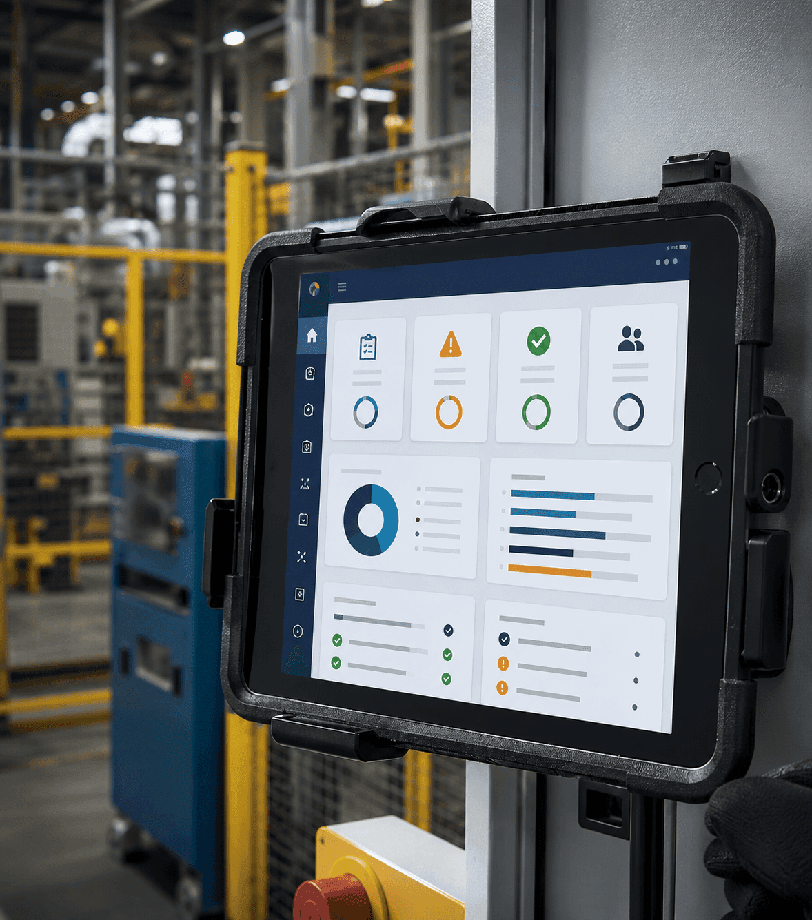 Safety personnel conducting a workplace inspection using a checklist and digital reporting system.