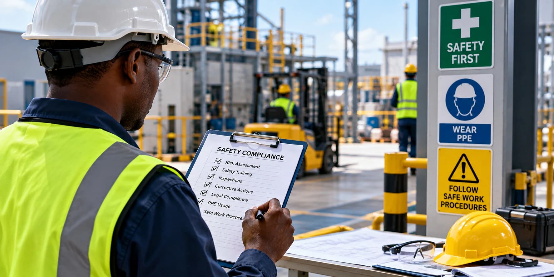 Safety professional conducting a workplace safety compliance inspection