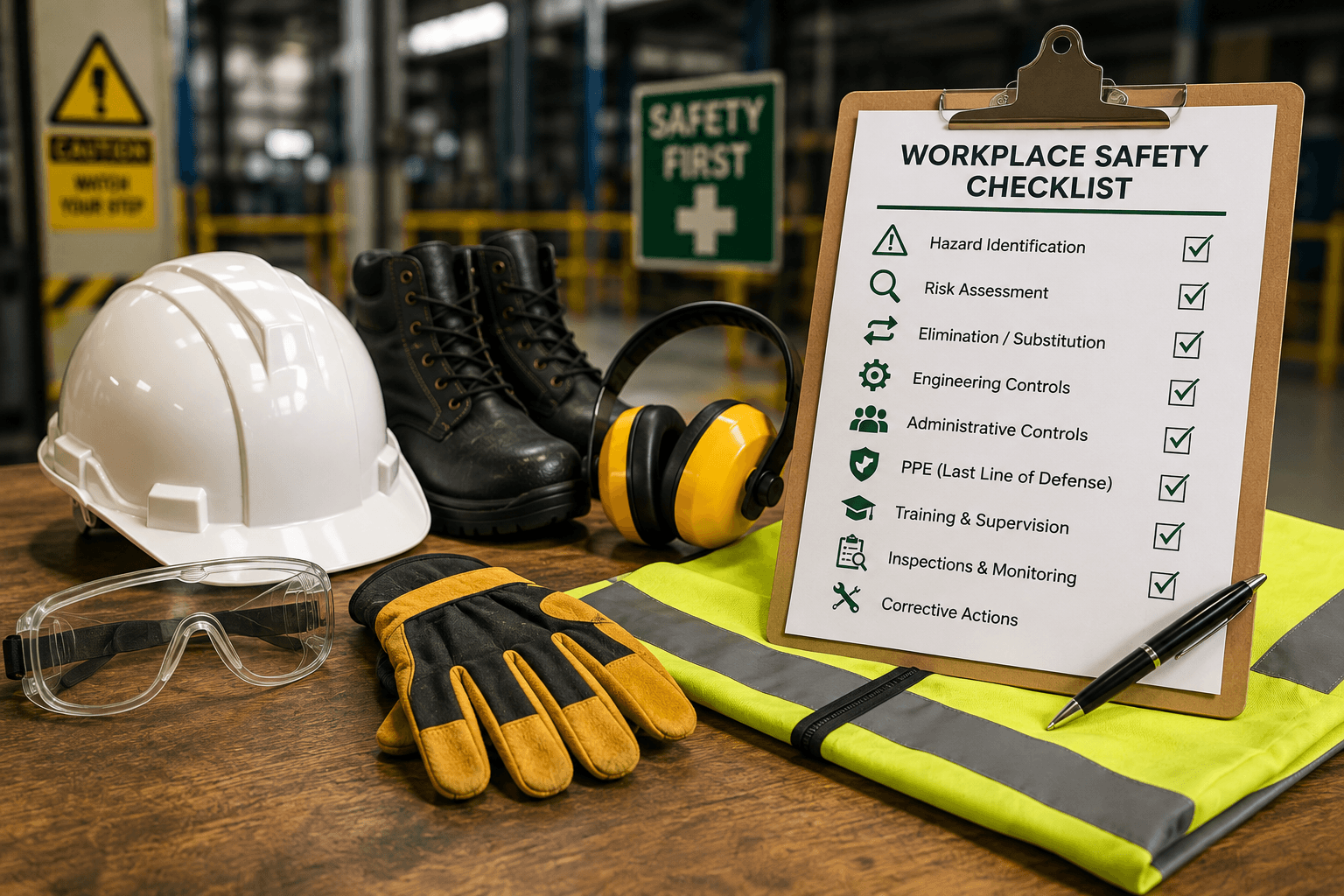Personal protective equipment placed beside a workplace safety checklist showing risk control measures.