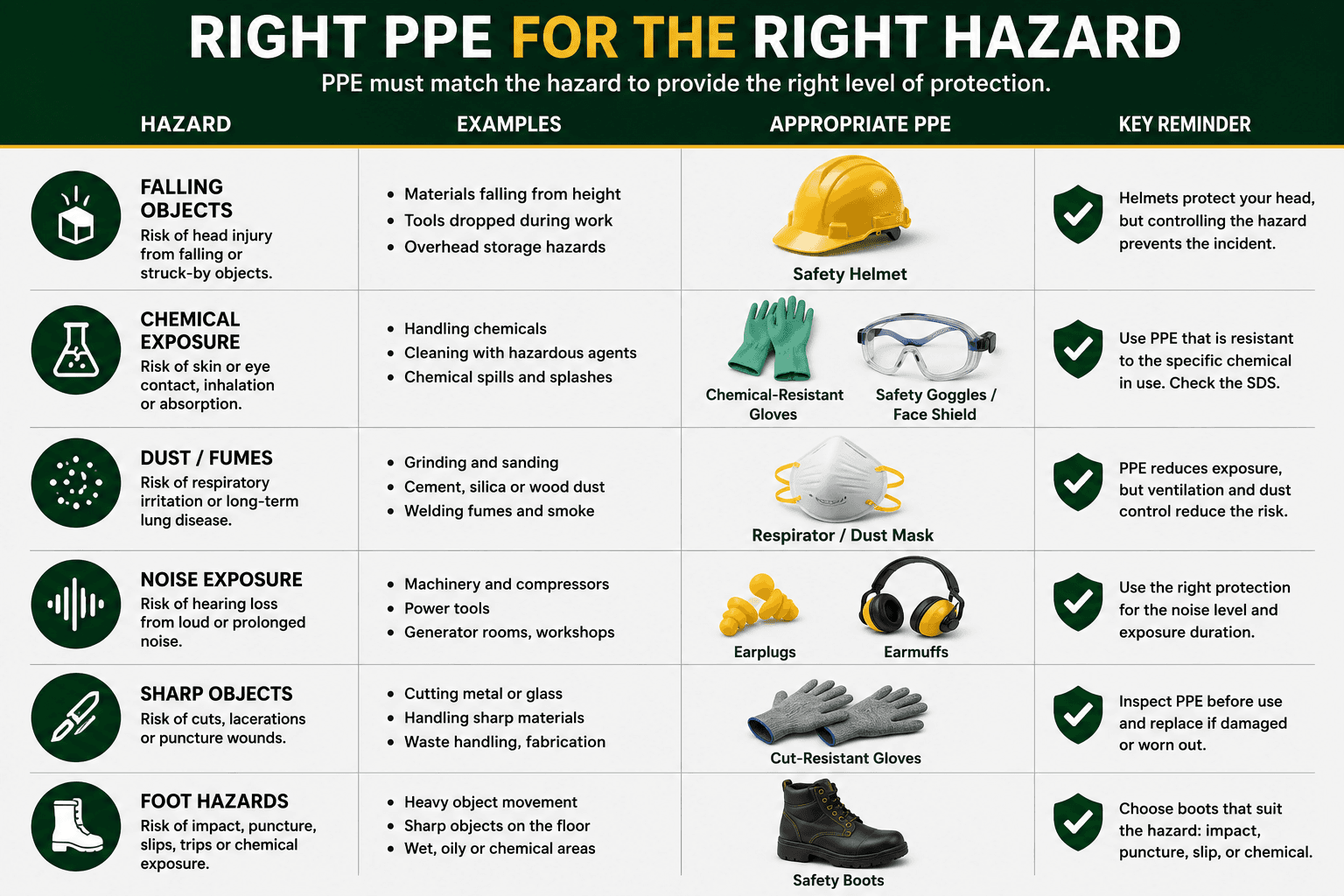 PPE selection chart showing the right protective equipment for different workplace hazards.
