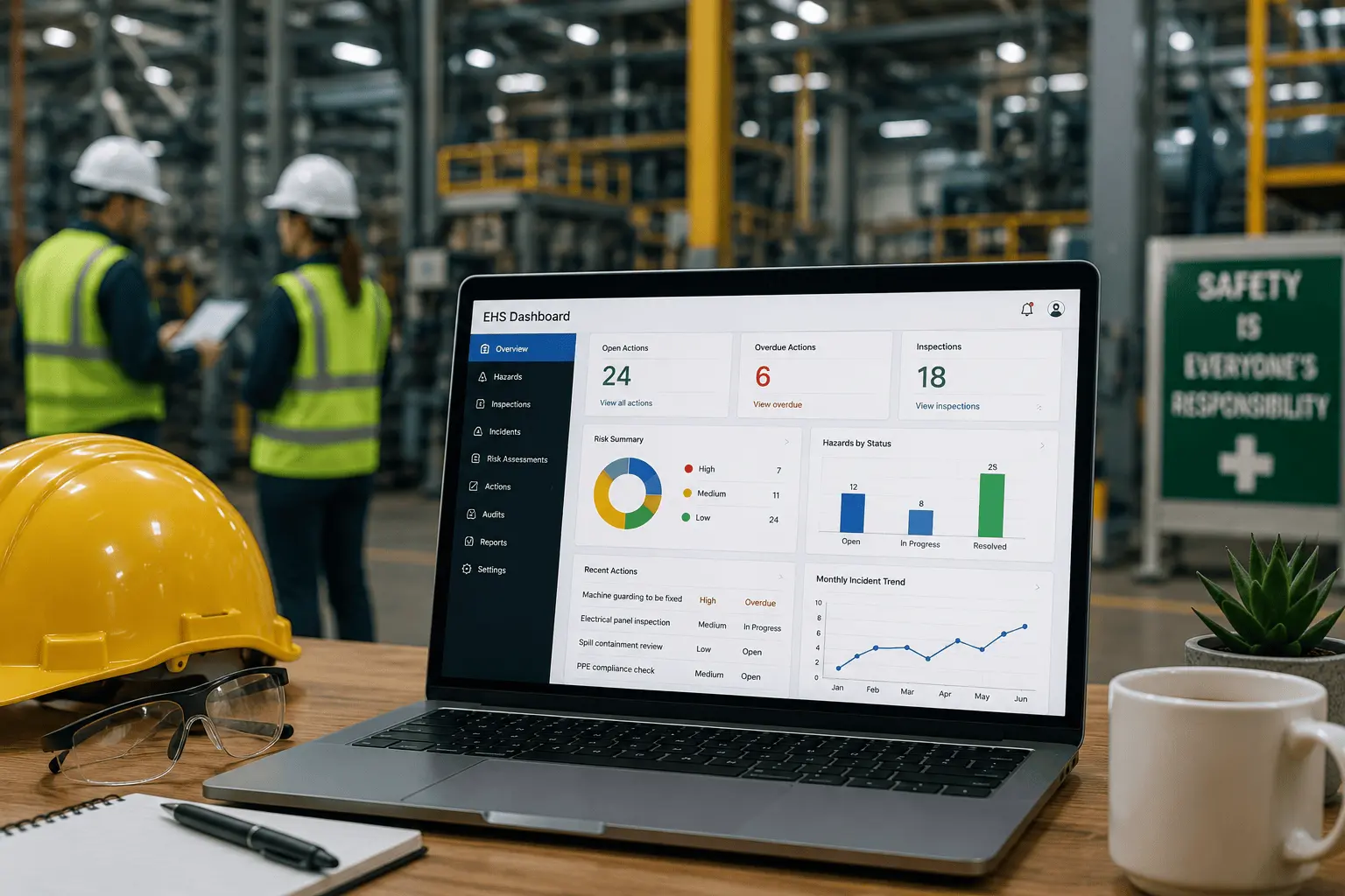 Digital EHS dashboard displayed on a laptop in an industrial workplace, with safety equipment and workers in high-visibility clothing in the background