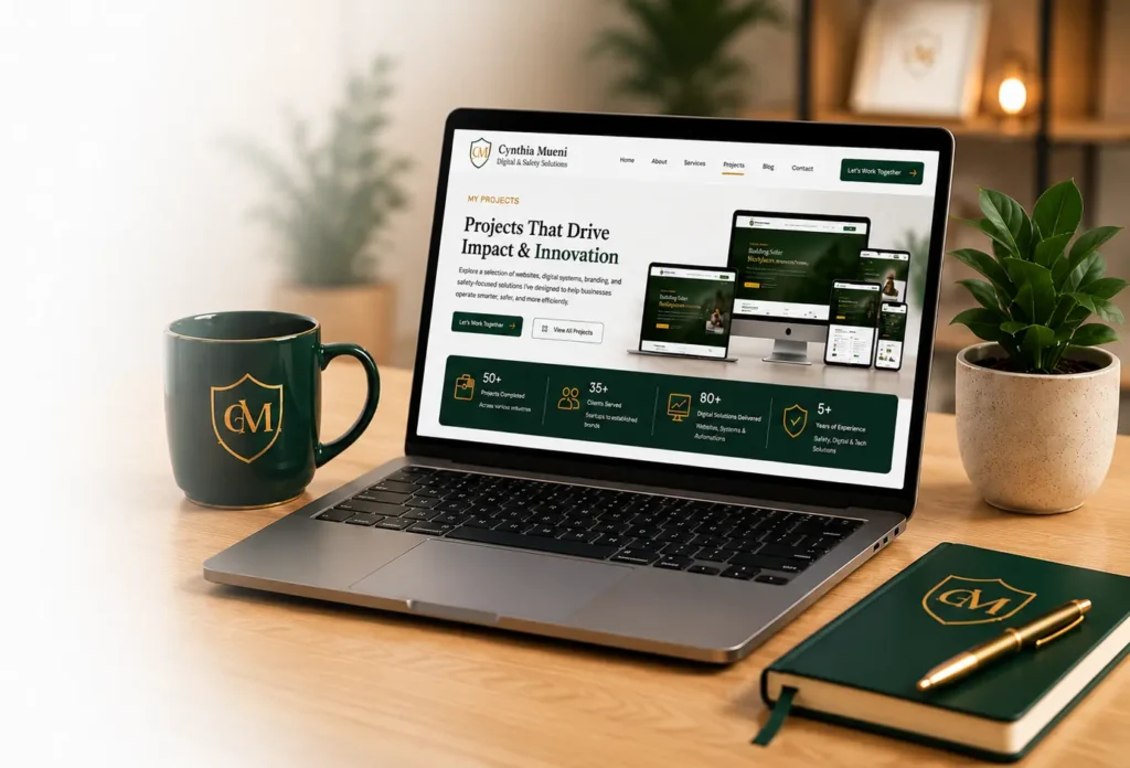 CM-branded workspace with laptop showing a projects page, green mug, notebook, gold pen, and plant fading into a white background.