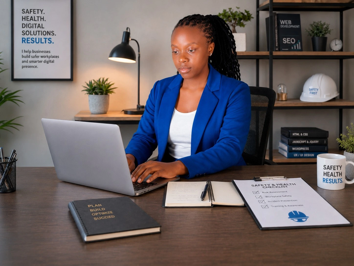 A professional portrait of Cynthia Nduku sitting at a wooden desk in a bright, modern office. She is smiling warmly at the camera, wearing a beige blazer over a white top. Her hands are resting on a grey laptop, with a notebook, pen, and phone sitting beside it on the desk. Lush green plants are visible in the blurred background.
