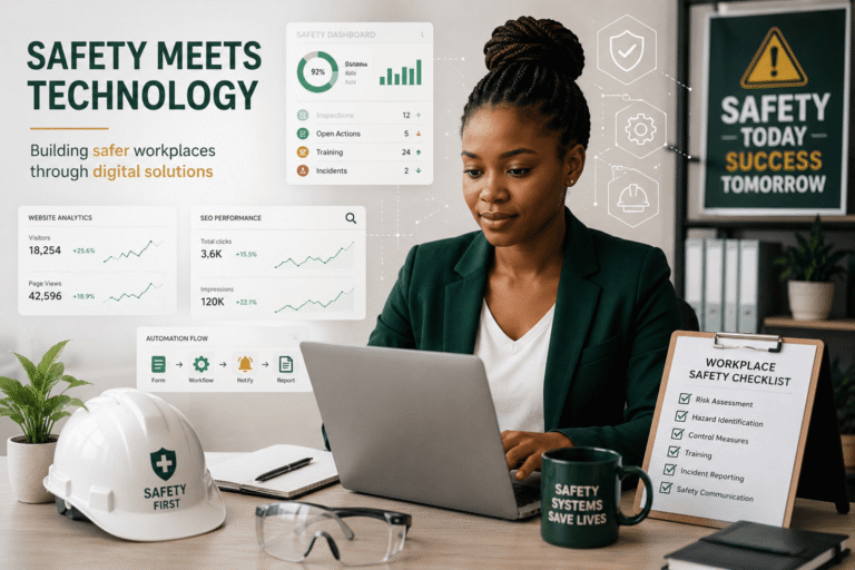 Female professional combining occupational safety and health with digital solutions in a modern workspace