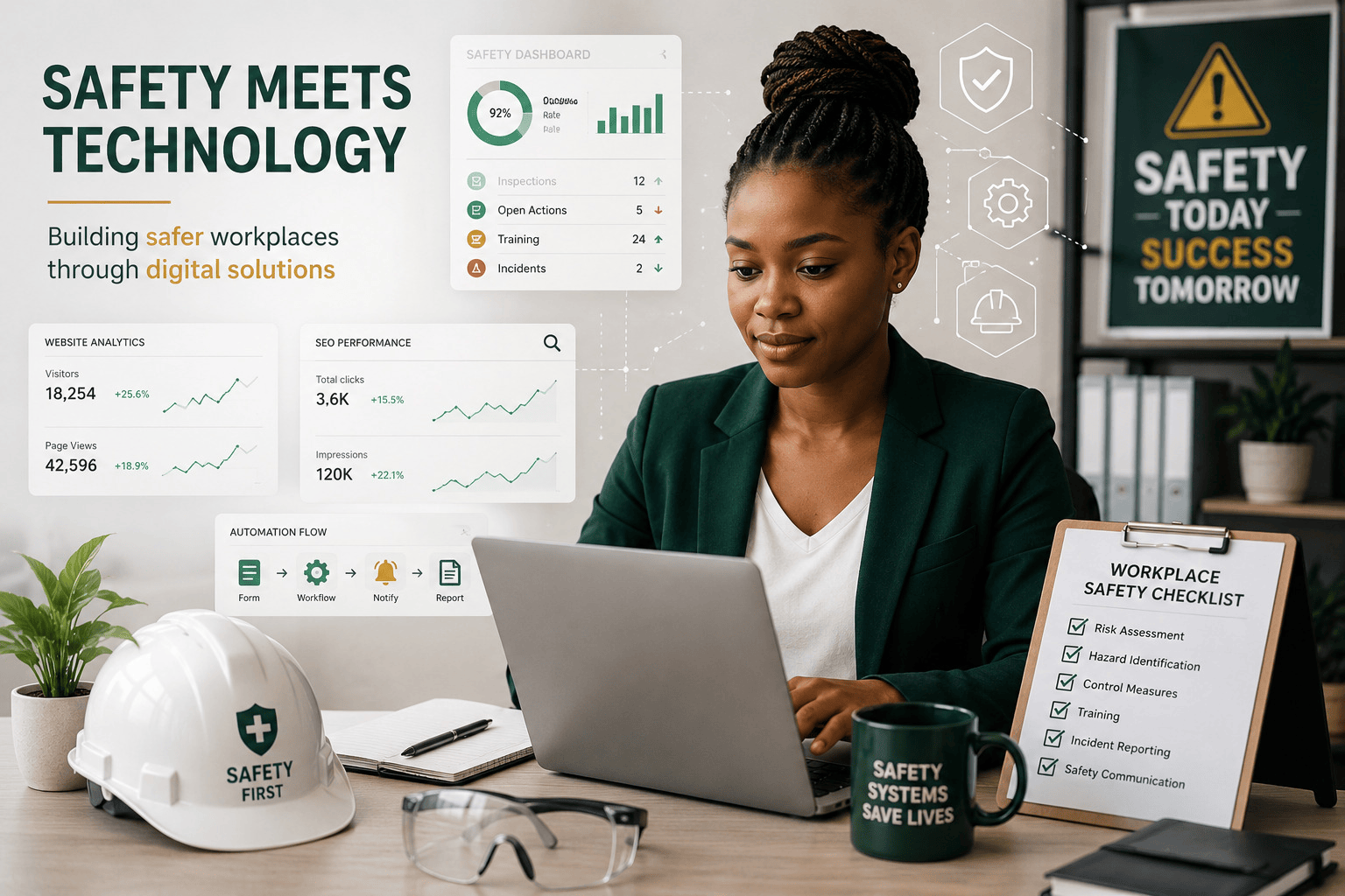 Female professional combining occupational safety and health with digital solutions in a modern workspace